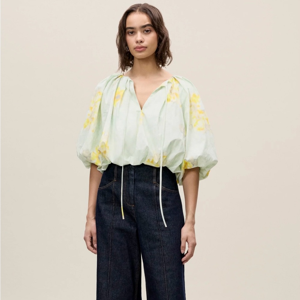Rebecca Taylor Yara Poplin Bubble Top in Sage Combo